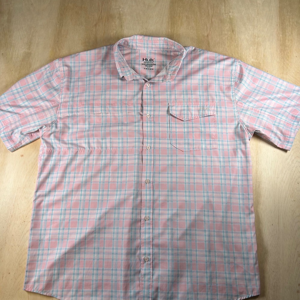 Huk Mens XXL Pink Blue Plaid Short Sleeve Button Down Fishing Shirt Performance